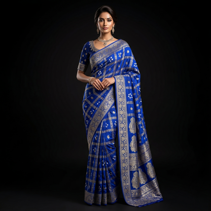 Royal Blue Banarasi Bandhani Silk Saree